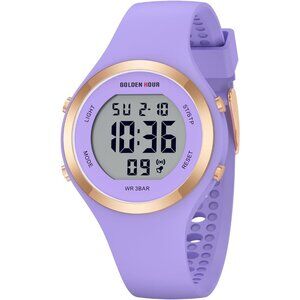 Unisex Purple Silicone Digital Sports Gold Bezel Water-Resistant Alarm Stopwatch